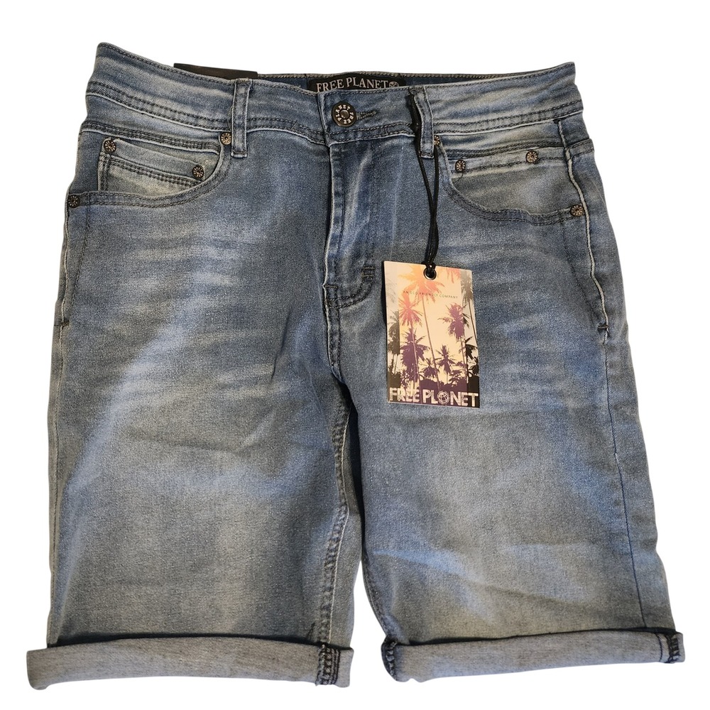 Free Planet Womens Slim Fit Stretch Denim Shorts Light Wash Blue Size 28